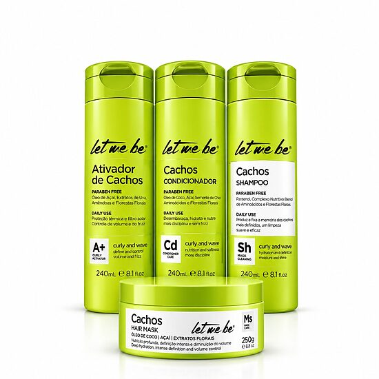 Cachos – plaukų priežiūros rinkinys garbanotiems plaukams (šampūnas 240 ml + kondicionierius 240 ml + kaukė 250 g + garbanų aktyvatorius 240 ml), Let Me Be